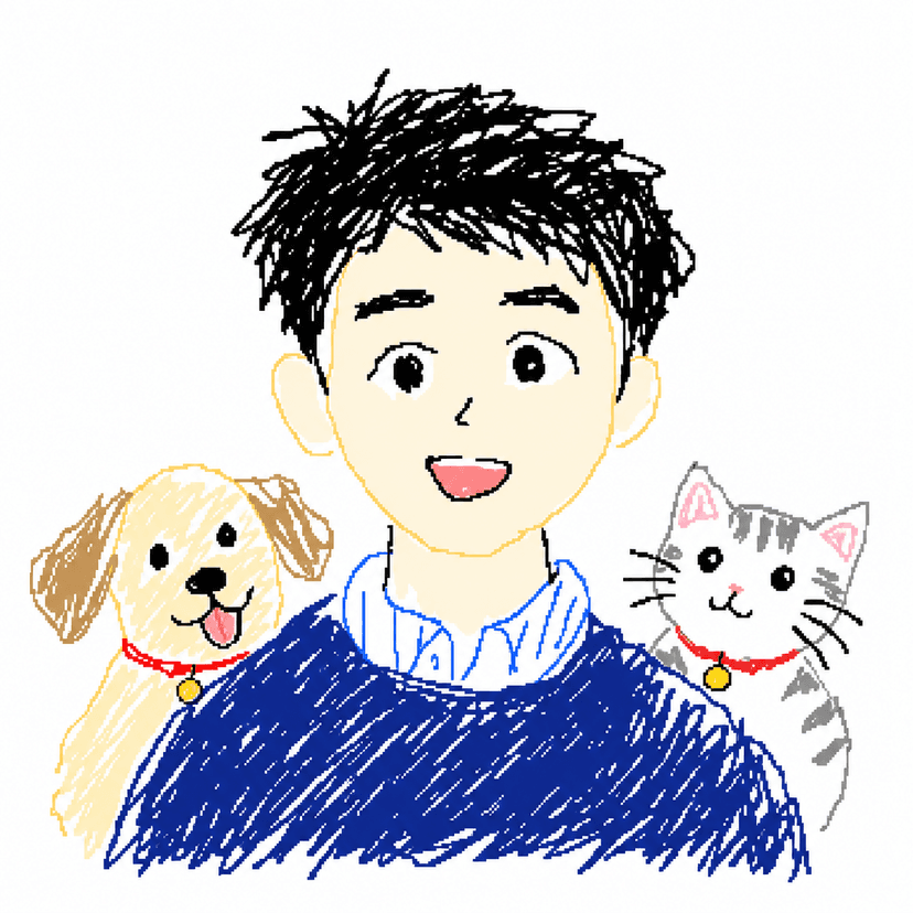 Illustrated portrait of Zhongxuan Song with a dog and a cat